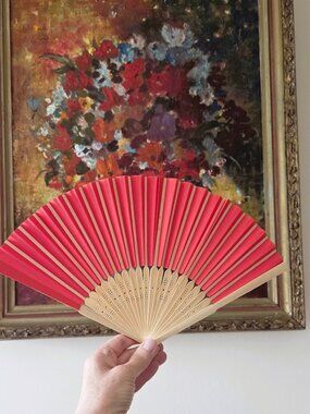 Japanese Japan Bamboo Wood and Red Paper Hand-held Folding Fan NEW Collectible